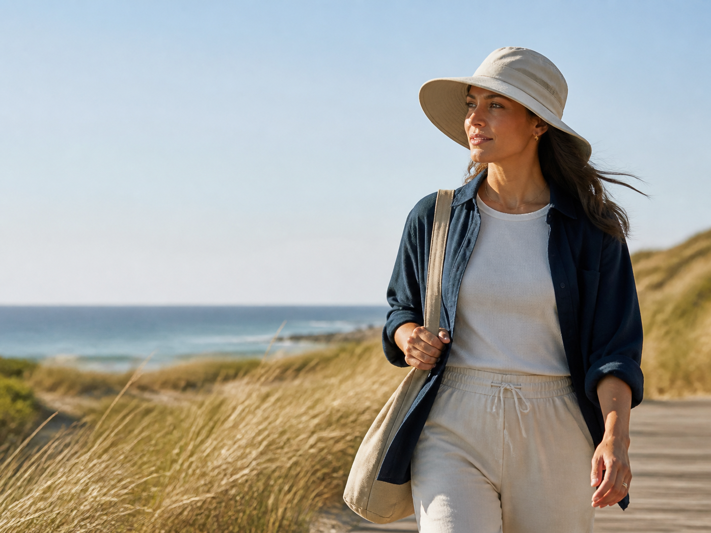 Woman traveling by the coast in a wide-brim sun hat