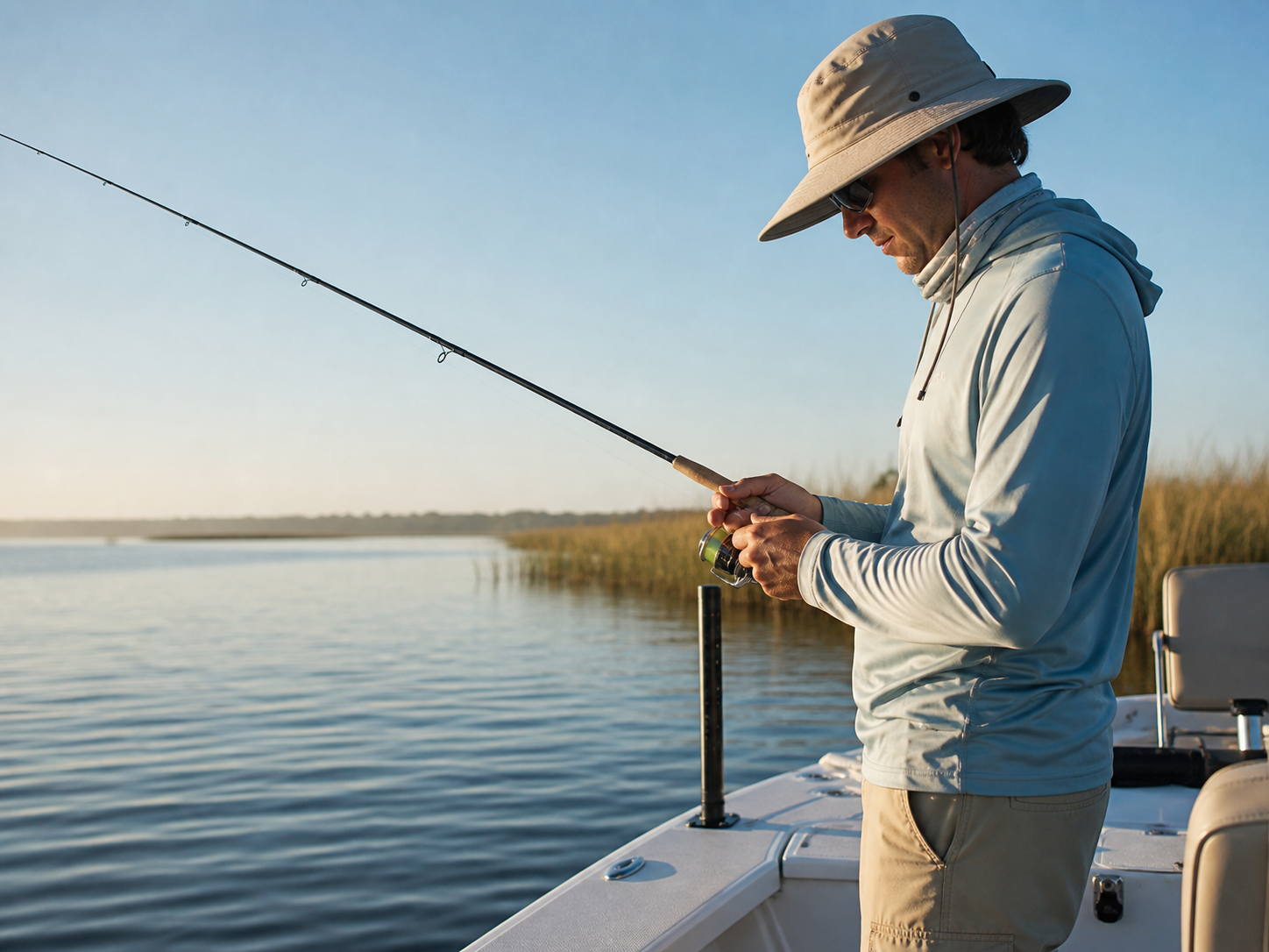Angler wearing a sun hat beside the water