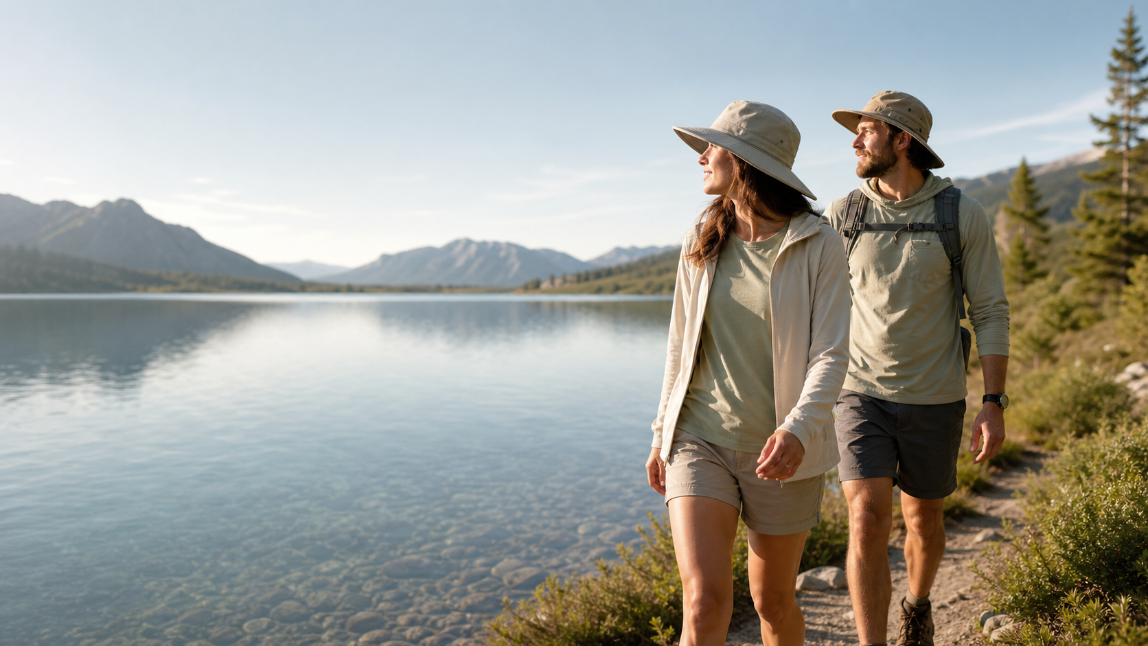Hikers in sun hats beside a mountain lake